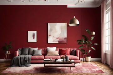 Visualize a modern room with a striking crimson red-burgundy painted wall, specifically designed as a blank canvas for art. 