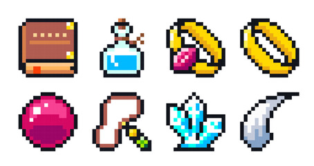 Set of pixel art icons for retro games. Resolution 16 x 16