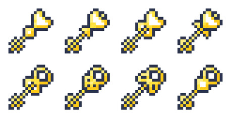 Set of pixel art golden keys for retro games.