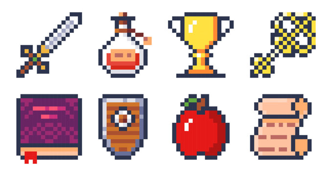 Set of pixel art icons for retro games. Resolution 16 x 16