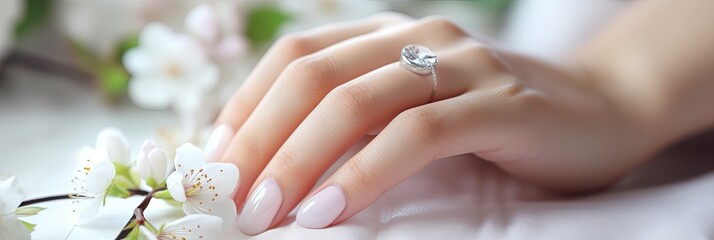 Beautiful well-groomed hands of the bride with modern manicure, nail design for the bride, banner - obrazy, fototapety, plakaty
