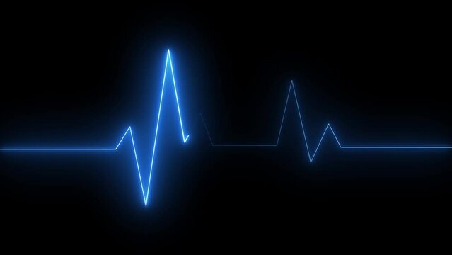 Neon Digital Heartbeat Plus Animation. Neon heartbeat on black isolated background. Blue color neon line.
