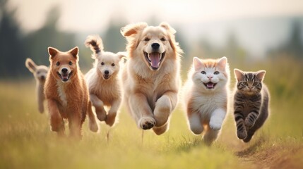 playful dog and cat duo joyfully frolicking in a meadow with blurred background - adorable pet friendship scene