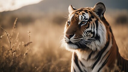 tiger looking towards the camera in the forest, sunset, sun at the back 