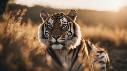 tiger looking towards the camera in the forest, sunset, sun at the back 