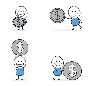 Collection of a happy stickman holding dollar - money sign. Cartoon style icons for a business presentation. Vector illustration