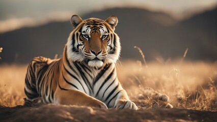tiger looking towards the camera in the forest, sunset, sun at the back 