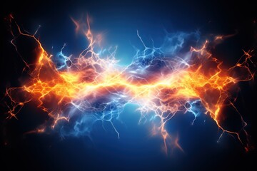 Real lightning charges powerful energy. Accumulation of orange and blue electrical charges natural phenomenon magic effect