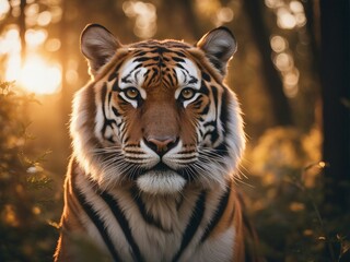 tiger looking towards the camera in the forest, sunset, sun at the back 