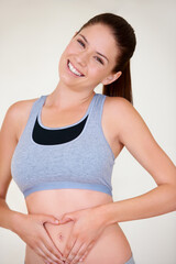 Heart, hands on stomach and portrait of woman for fitness, workout and exercise to lose weight....