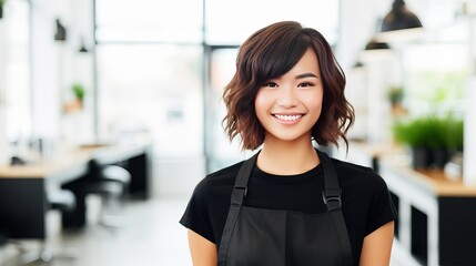 A young hairdresser in an apron with a hairbrush and scissors is standing over a white wall, looking forward and smiling.
