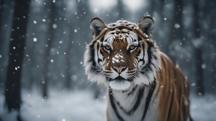 tiger looking towards the camera in the snowy weather in the forest, snowing, sun at the background
