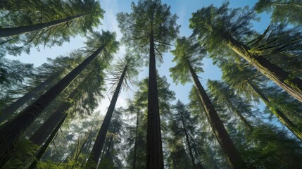Fototapeta premium A captivating view gazing up to the treetops within a lush forest near Port Renfrew, British Columbia, Canada, revealing the serene beauty of the canopy.