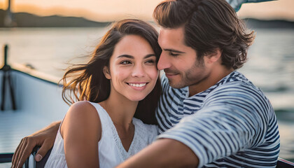 Fototapeta premium Romantic embrace: couple's love voyage on a yacht