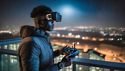 A man in FPV glasses controls an FPV drone