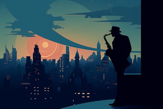 Stylized illustration of a saxophonist against city lights, using muted deep blues and rich burgundies. Elegant typography reminiscent of vintage jazz album covers