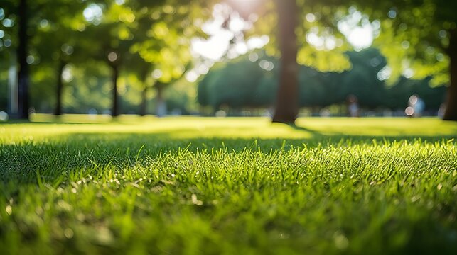 The city park's green lawn is illuminated by sunny light on a warm summer day.