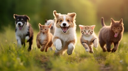 playful dog and cat duo joyfully frolicking in a meadow with blurred background - adorable pet friendship scene