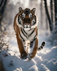 Fototapeta na wymiar tiger running towards the camera in the snowy weather in the forest