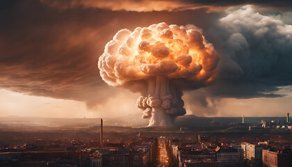 A massive mushroom cloud explosion towers over a city from a nuclear detonation - obrazy, fototapety, plakaty