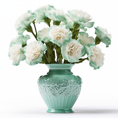 Bouquet of carnations in ceramic vase on white background, AI generation
