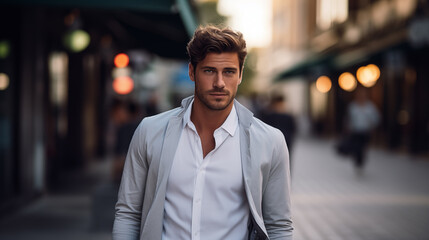 A beautiful man walks through the streets of the city. Handsome male enjoy holidays and shopping in town. Beautiful historical architecture. Travel weekend. Adventure lifestyle. Generated AI