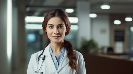 A female doctor in white scrubs with thoughtful smile and a smile is holding medicine pills or vitamins as she looks away.