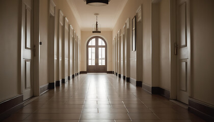 A long, empty hallway lined with doors on both sides in a bright space with a tiled floor