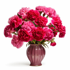 Bouquet of carnations in ceramic vase on white background, AI generation
