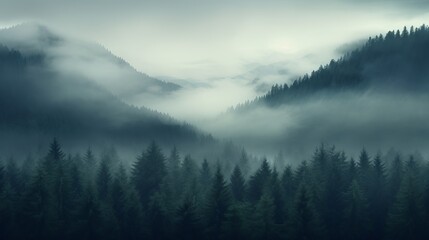 Misty Mountain Landscape with Foggy Forest and Rolling Hills in Serene Wilderness