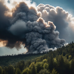 A massive, billowing cloud of dark smoke and ash erupts from a forest, casting a shadow over the land