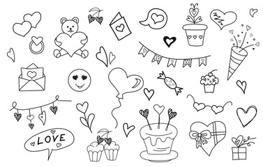 Cute valentine`s day doodle vector set. Hand drawn fashion elements. Love, latter with hearts, cake, flowers, balloon, gift boxes, smile, teddy bear.  