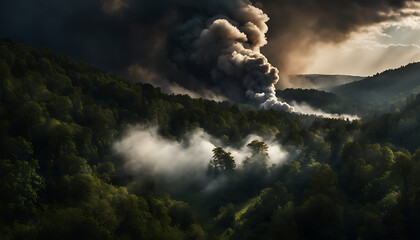 A massive, billowing cloud of dark smoke and ash erupts from a forest, casting a shadow over the land.