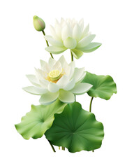 Beautiful white lotus flowers with bud and green leaf isolated on white background