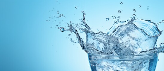 Closeup splashing out water in glass isolated on soft blue background