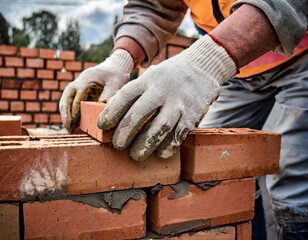 Laying red bricks in close-up construction
