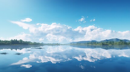 Obraz premium Tranquil Minimal Landscape with Blue Sky and Mountain Reflections in Water