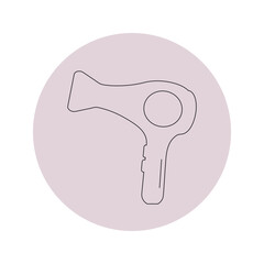 Vector hair dryer icon in a pink circle on a white background.