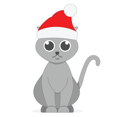 Grey cartoon cat in a Santa Claus hat.