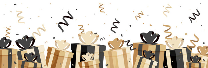 Bannière festive de cadeaux, rubans et cotillons pour célébrer des festivités et événements - Élégant - Illustration vectorielle - Paquets cadeaux pour les fêtes de fin d'année ou anniversaire - obrazy, fototapety, plakaty