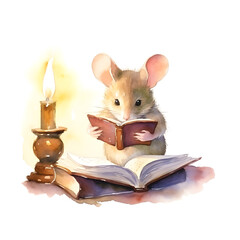 Mouse reading a book, watercolor illustration.