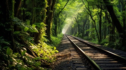 The railway traverses dense forest thickets on a single track.
