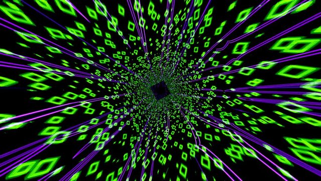 Fututristic loop animation, abstract green and purple pattern. Abstract tube, illuminated corridor, flying, moving forward.
