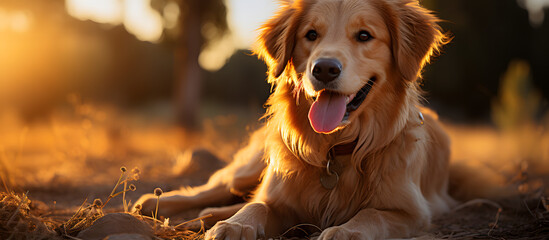 Adorable Golden Retriever enjoying the warm of sunlight. Generative AI