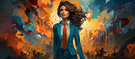 Girl stepping into corporate world with a colorful abstract style. Generative AI