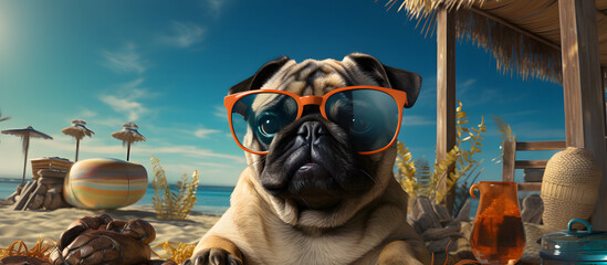 Chilling pug on the beach in summer days. Generative AI