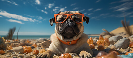 Chilling pug on the beach in summer days. Generative AI