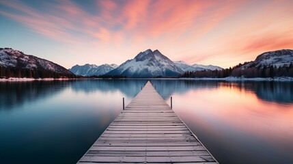 A vertical image depicts a wooden passage passing over a reflective small lake and the horizon with a mountain range in the background - obrazy, fototapety, plakaty