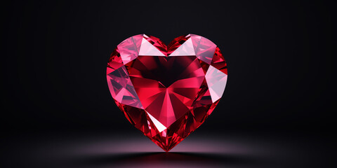 Valentine's day banner. Ruby gemstone heart shape on dark background.