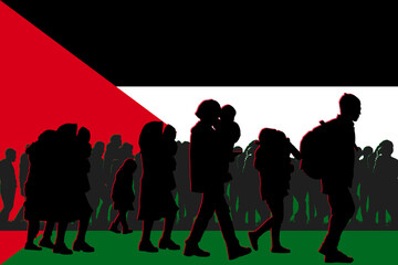 \Refugees from the Gaza Strip on the background of the Palestinian flag, silhouette. Women and children.